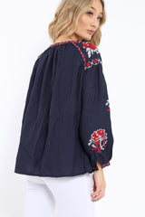 Navy Embroidered Blouse - Gabbie-Tops