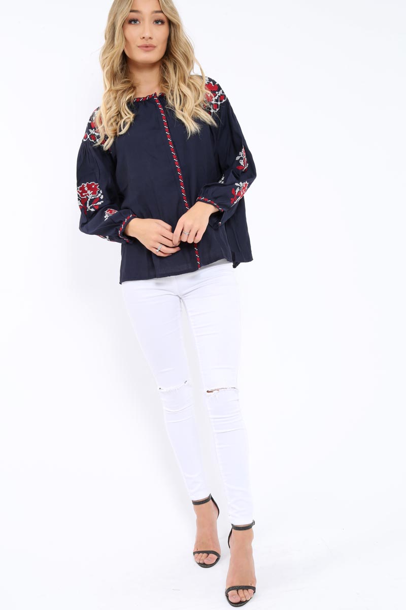Navy Embroidered Blouse - Gabbie-Tops
