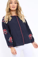 Navy Embroidered Blouse - Gabbie-Tops