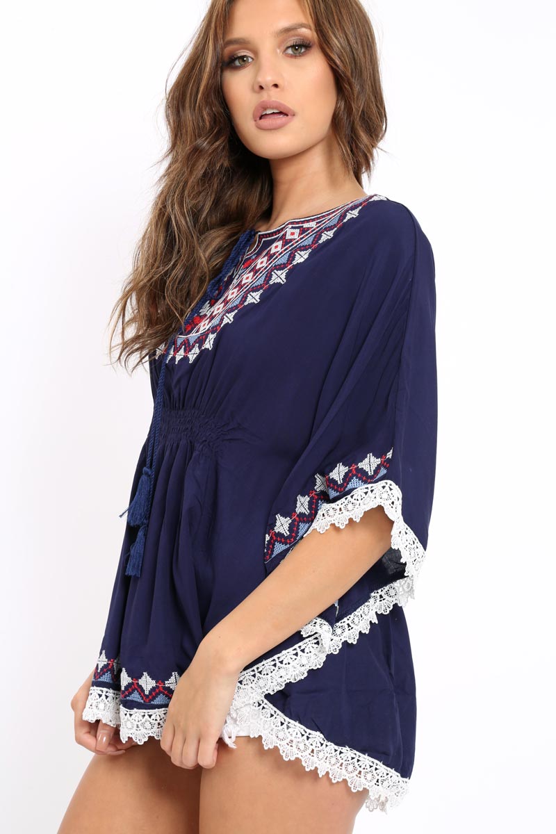 Navy Embroidered Crochet Trim Kaftan - Kayda-Tops