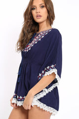 Navy Embroidered Crochet Trim Kaftan - Kayda-Tops