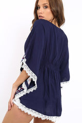 Navy Embroidered Crochet Trim Kaftan - Kayda-Tops