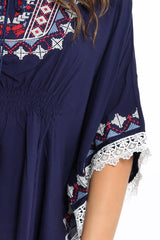 Navy Embroidered Crochet Trim Kaftan - Kayda-Tops