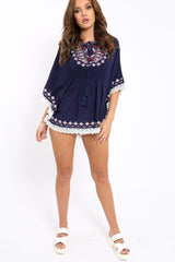 Navy Embroidered Crochet Trim Kaftan - Kayda-Tops
