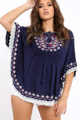 Navy Embroidered Crochet Trim Kaftan - Kayda-Tops