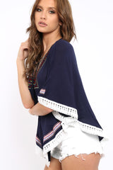 Navy Embroidered Diamante Kaftan - Kaylee-Tops