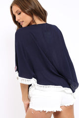 Navy Embroidered Diamante Kaftan - Kaylee-Tops