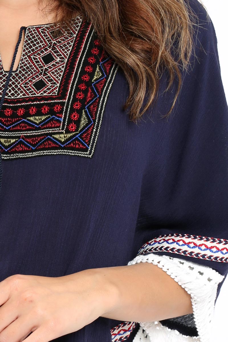 Navy Embroidered Diamante Kaftan - Kaylee-Tops