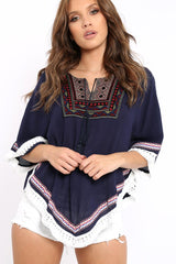 Navy Embroidered Diamante Kaftan - Kaylee-Tops