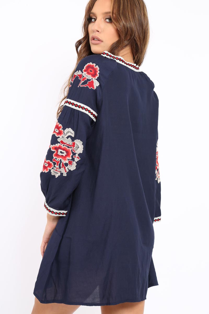 Navy Embroidered Shirt Dress - Nikki-Dresses