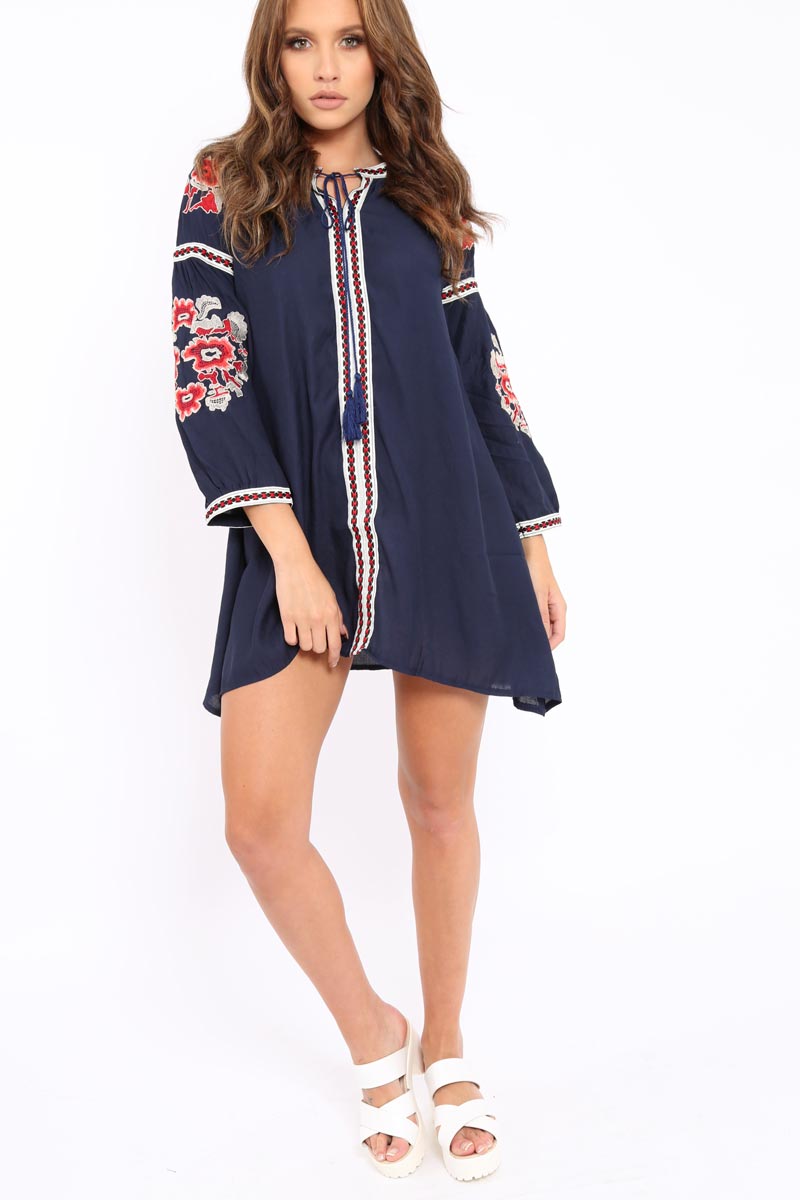 Navy Embroidered Shirt Dress - Nikki-Dresses
