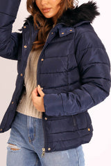 Navy Faux Fur Trim Hood Padded Coat - Jessabelle-Coats