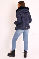 Navy Faux Fur Trim Hood Padded Coat - Jessabelle-Coats