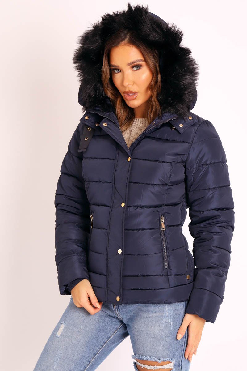 Navy Faux Fur Trim Hood Padded Coat - Jessabelle-Coats