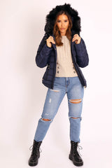 Navy Faux Fur Trim Hood Padded Coat - Jessabelle-Coats