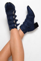Navy Faux Suede Multi Buckle Ankle Boots - Sissy-Boots