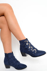 Navy Faux Suede Multi Buckle Ankle Boots - Sissy-Boots