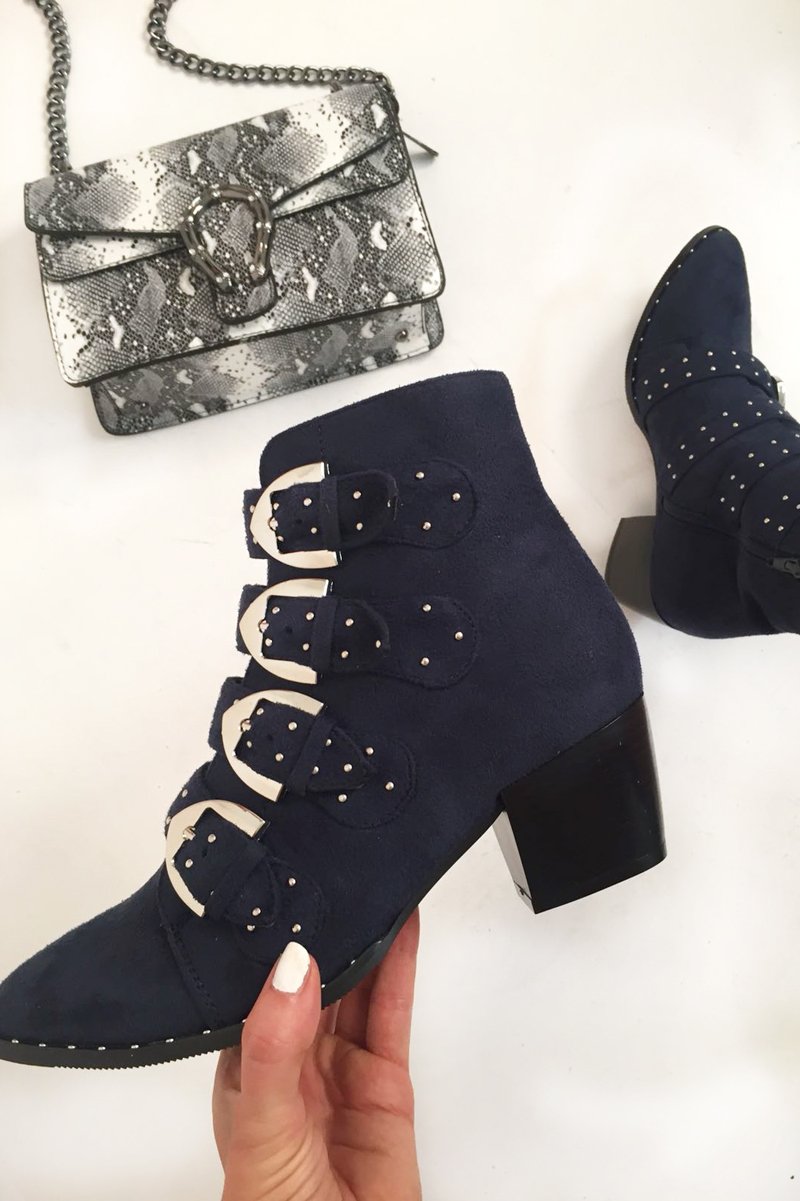 Navy Faux Suede Multi Buckle Ankle Boots - Sissy-Boots