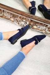 Navy Faux Suede Studded Loafers - Kenia-Flats
