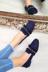 Navy Faux Suede Studded Loafers - Kenia-Flats