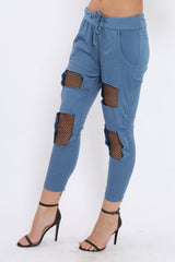 Navy Fish Net Panel Detail Joggers - Mikaela-Trousers