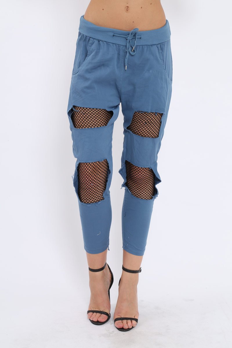 Navy Fish Net Panel Detail Joggers - Mikaela-Trousers