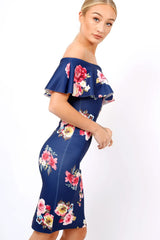 Navy Floral Bardot dress - Martina-Dresses