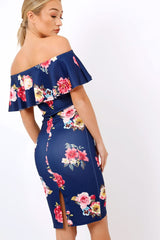Navy Floral Bardot dress - Martina-Dresses