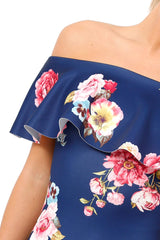 Navy Floral Bardot dress - Martina-Dresses