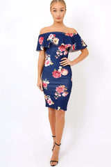 Navy Floral Bardot dress - Martina-Dresses