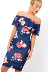 Navy Floral Bardot dress - Martina-Dresses