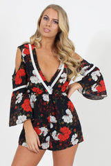 Navy Floral Cold Shoulder Playsuit - Sophia-Playsuits