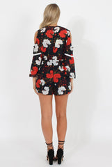 Navy Floral Cold Shoulder Playsuit - Sophia-Playsuits