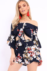 Navy Floral Crop Top and Shorts Co-ord - Teigan-Co-ords