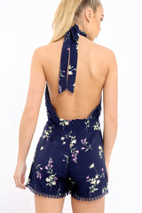 Navy Floral Halter Neck Plunge Playsuit - Mia-Playsuits