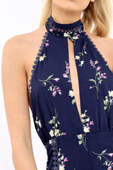 Navy Floral Halter Neck Plunge Playsuit - Mia-Playsuits