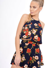 Navy Floral Halterneck Crop Top - Kamisha-Crop Tops