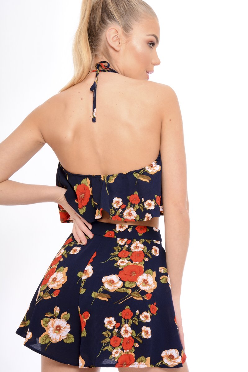 Navy Floral Halterneck Crop Top - Kamisha-Crop Tops