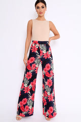 Navy Floral High Waist Flare Trousers - Tisha-Trousers
