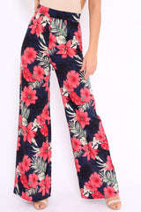 Navy Floral High Waist Flare Trousers - Tisha-Trousers