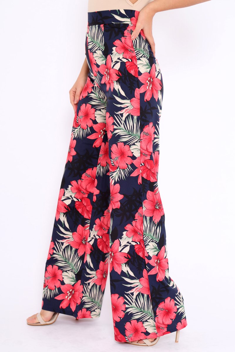 Navy Floral High Waist Flare Trousers - Tisha-Trousers
