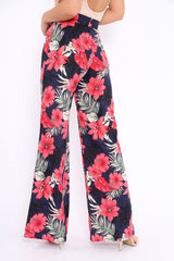 Navy Floral High Waist Flare Trousers - Tisha-Trousers
