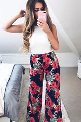 Navy Floral High Waist Flare Trousers - Tisha-Trousers