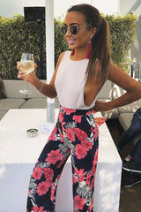 Navy Floral High Waist Flare Trousers - Tisha-Trousers