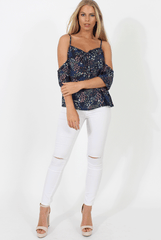 Navy Floral Pattern Cold Shoulder Top - Bellatrix-Tops