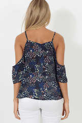 Navy Floral Pattern Cold Shoulder Top - Bellatrix-Tops