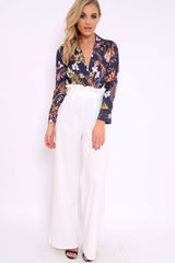 Navy Floral Plunge Satin Bodysuit - Rebeka-Bodysuits