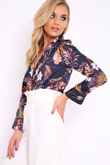 Navy Floral Plunge Satin Bodysuit - Rebeka-Bodysuits