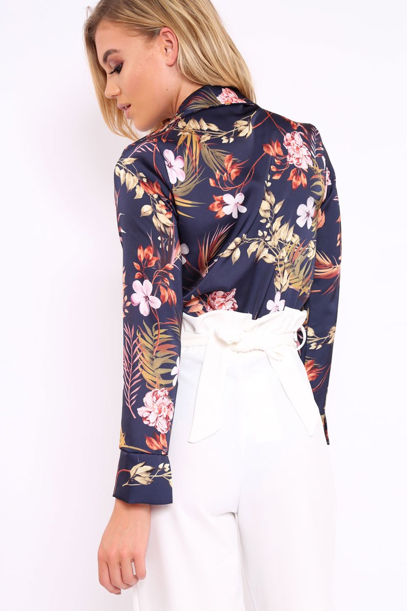 Navy Floral Plunge Satin Bodysuit - Rebeka-Bodysuits