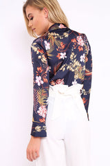 Navy Floral Plunge Satin Bodysuit - Rebeka-Bodysuits